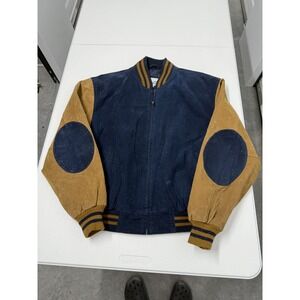 Varsity Bomber Jacket Navy Blue Suede Leather Tan Sleeves Patches Ribbed Collar